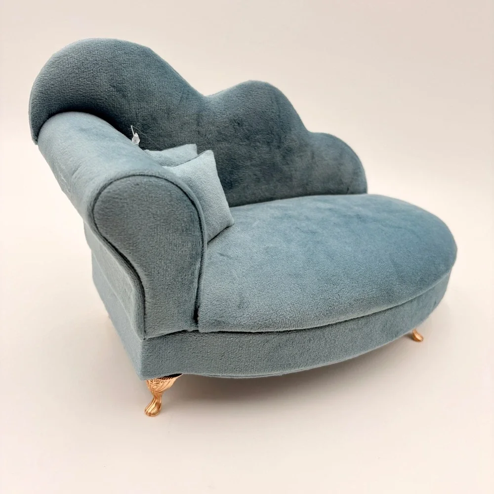 Blue Velvet Miniature Chaise Lounge Jewelry Box Mirror Ring Organizer Rose Gold